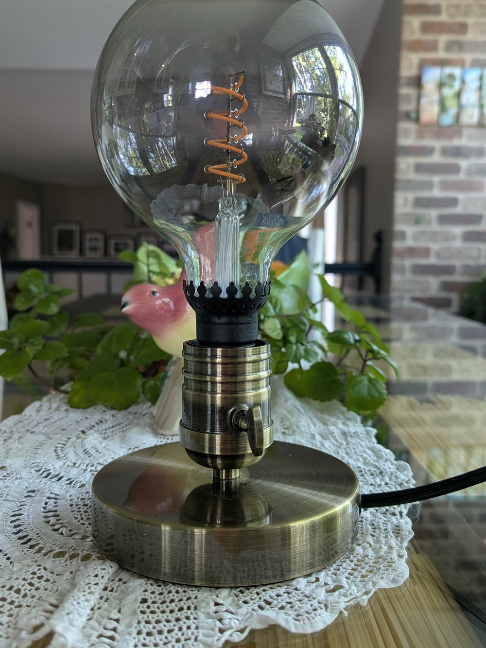IKEA Brass Table Lamp with Smoke Glass Bulb and Orange Filament